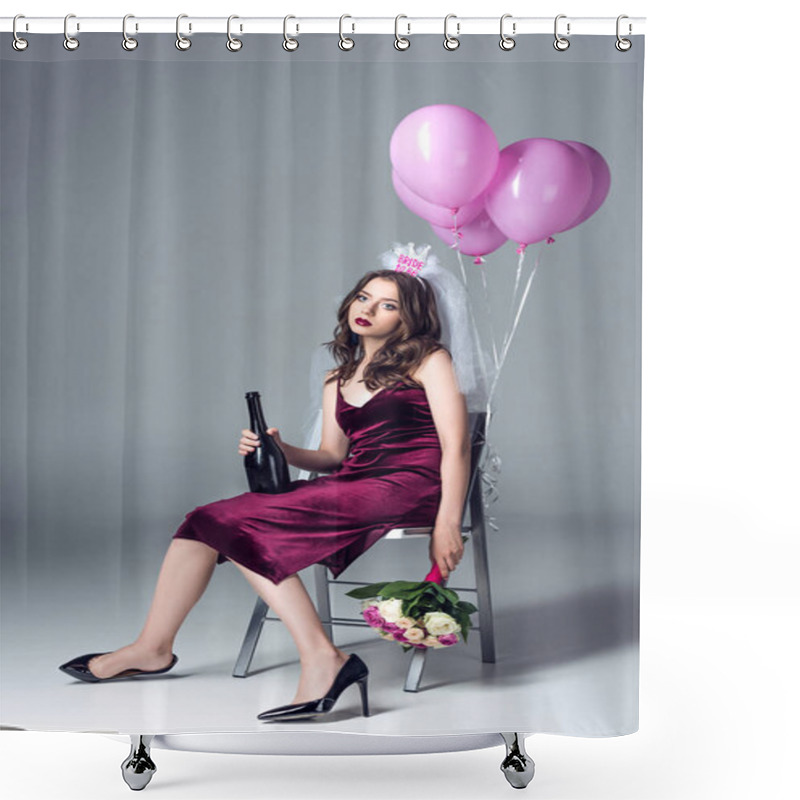 Personality  Depressed Future Bride In Veil For Bachelorette Party Sitting On Chair With Champagne And Flowers And Looking At Camera After Party On Grey Shower Curtains