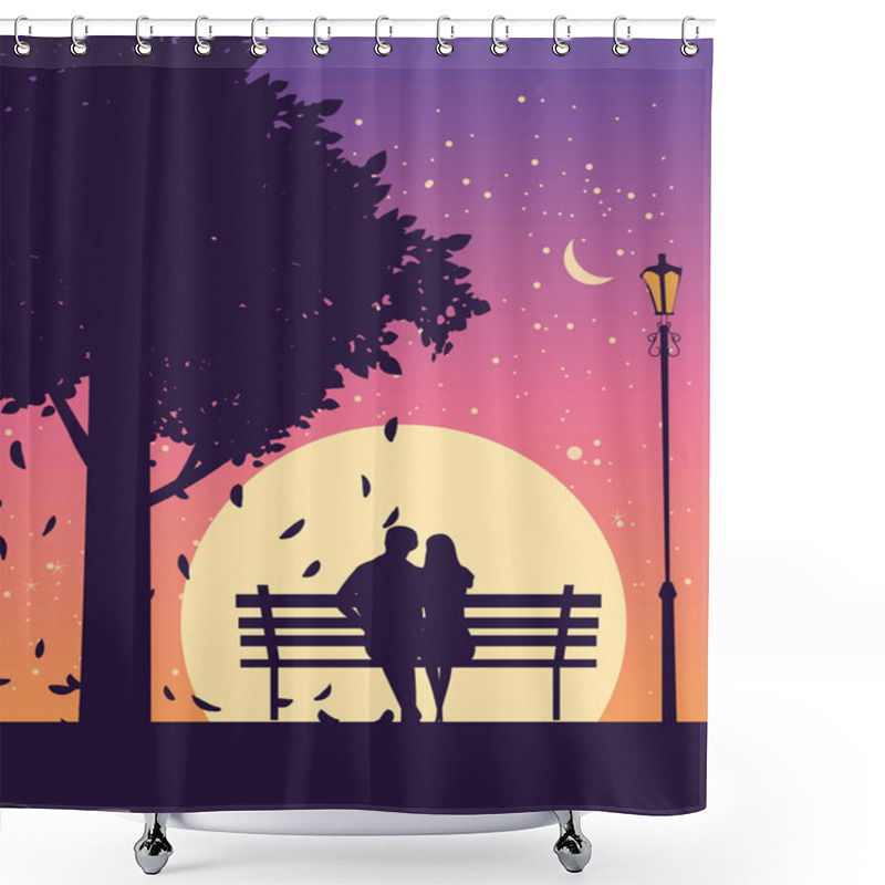 Personality  Couple Lovers On Bench In Park, Under Tree, Autumn. Sunset, Night, Stars. Vector Illustration Silhouette Shower Curtains