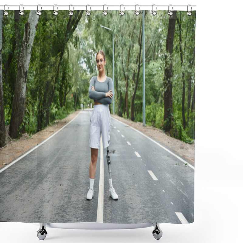 Personality  A Determined Young Woman Enjoys Outdoor Fitness, Confidently Showcasing Her Prosthetic Leg Amid Lush Greenery. Shower Curtains