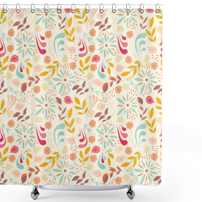 Personality  Seamless Pattern Design With Little Flowers, Floral Elements, Birds Shower Curtains