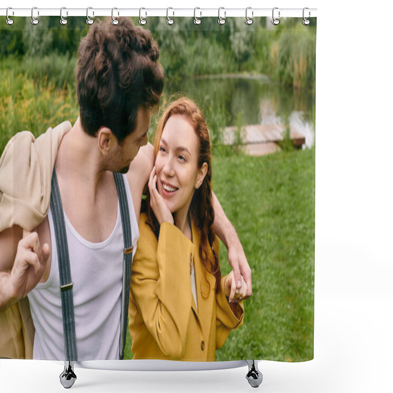 Personality  A Man And A Woman Stand Side By Side In A Green Park, Enjoying A Romantic Date Amidst A Serene Natural Setting. Shower Curtains