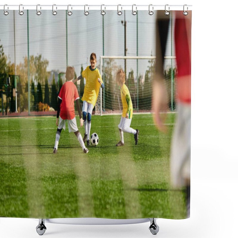 Personality  A Group Of Young Children, Full Of Energy And Enthusiasm, Playing An Intense Game Of Soccer On A Grassy Field. They Are Kicking, Running, And Passing The Ball, Displaying Teamwork And Sportsmanship. Shower Curtains