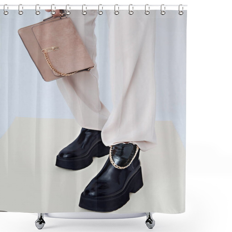 Personality  Details Of Trendy Casual Fall Spring Outfit. Woman Holding Clutch And  Wearing Beige Trousers And Stylish Platform Boots. Everyday Look. Street Fashion. No Face. Shower Curtains