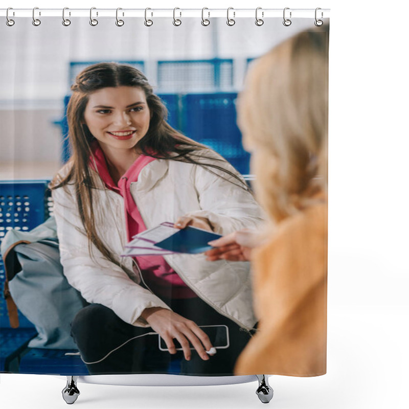 Personality  Cropped Shot Of Girls Holding Passport With Boarding Passes In Airport Shower Curtains