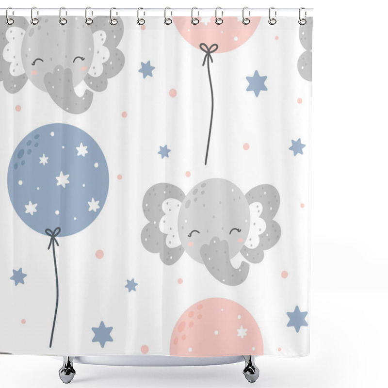 Personality  Cute Childish Elephant Seamless Pattern With Balloons. Hand Drawn Scandinavian Style Vector Illustration. Shower Curtains