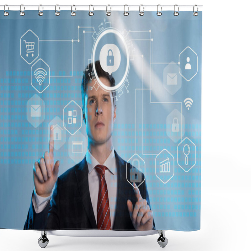 Personality  Handsome Businessman In Suit Pointing With Fingers At Cyber Security Icons In Front On Blue Background Shower Curtains