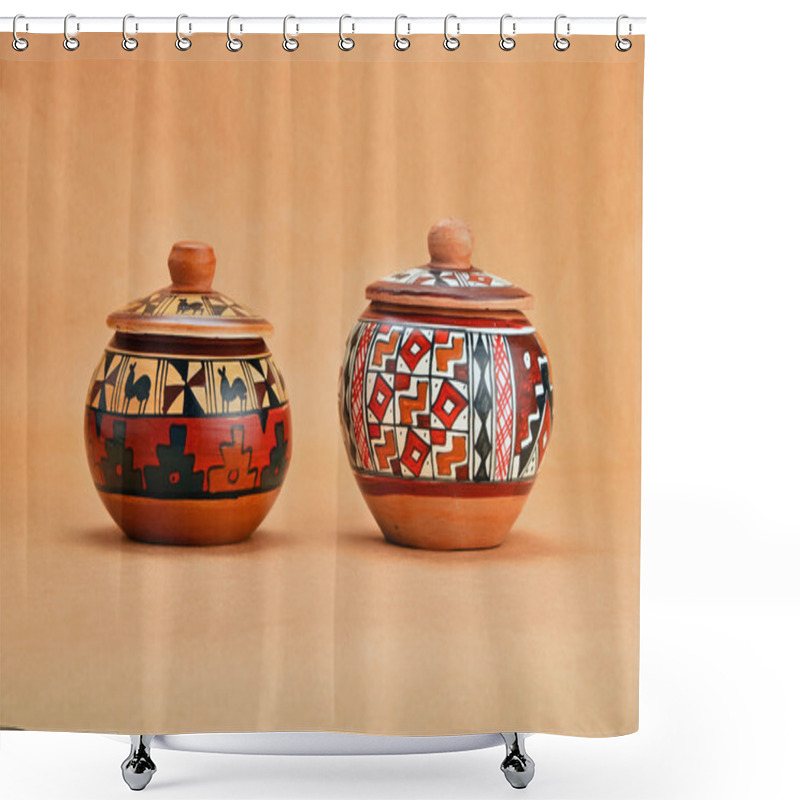 Personality  Two Painted Handmade Ceramic Pot With Lids On Kraft Paper Shower Curtains