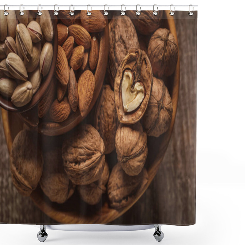 Personality  Top View Of Almonds, Pistachio Nuts And Walnuts In Bowls On Wooden Surface Shower Curtains