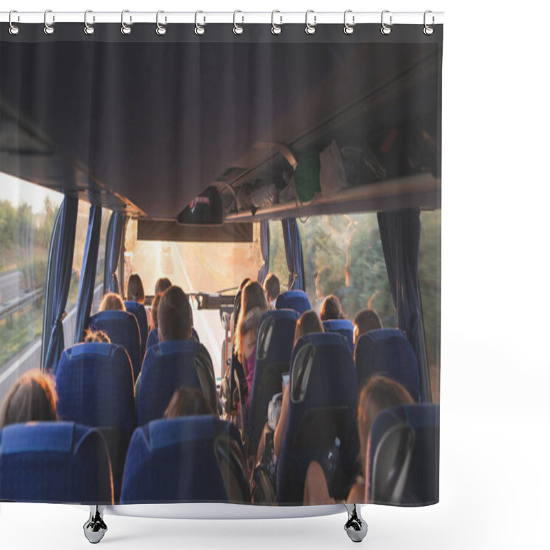 Personality  Tourist Tour On The Bus. People Travel By Bus. Salon Of The Great Tourist Bus With People At Sunset Shower Curtains