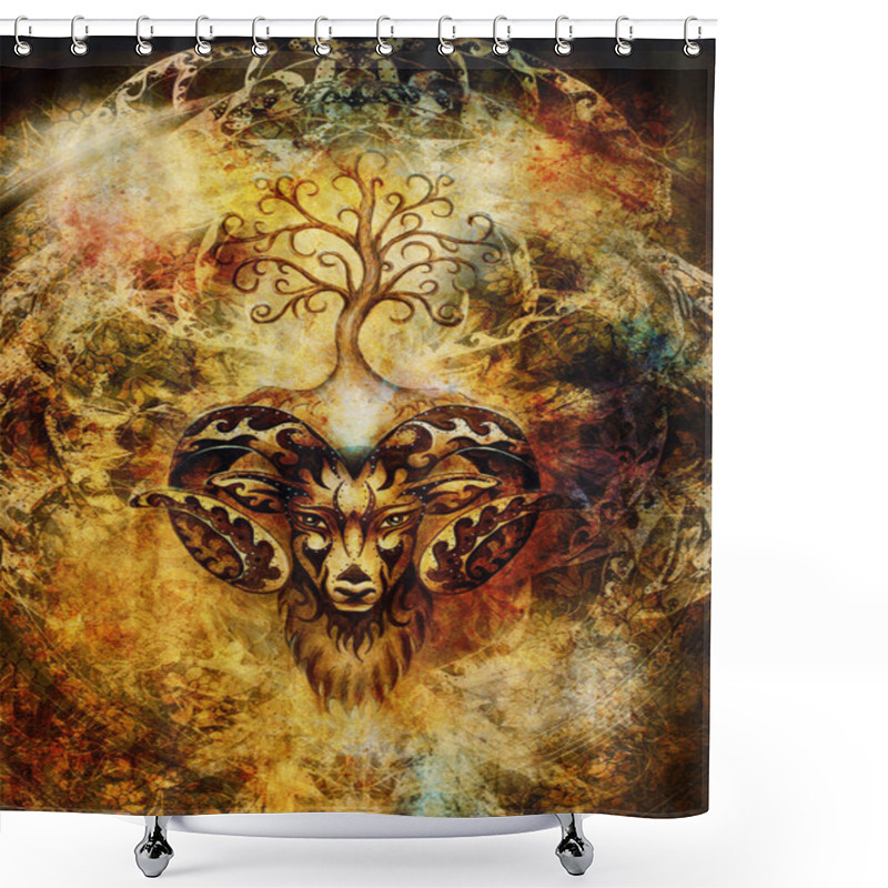 Personality  Ornamental Painting Of Aries, Sacred Animal Symbol And Tree Of Life. Shower Curtains