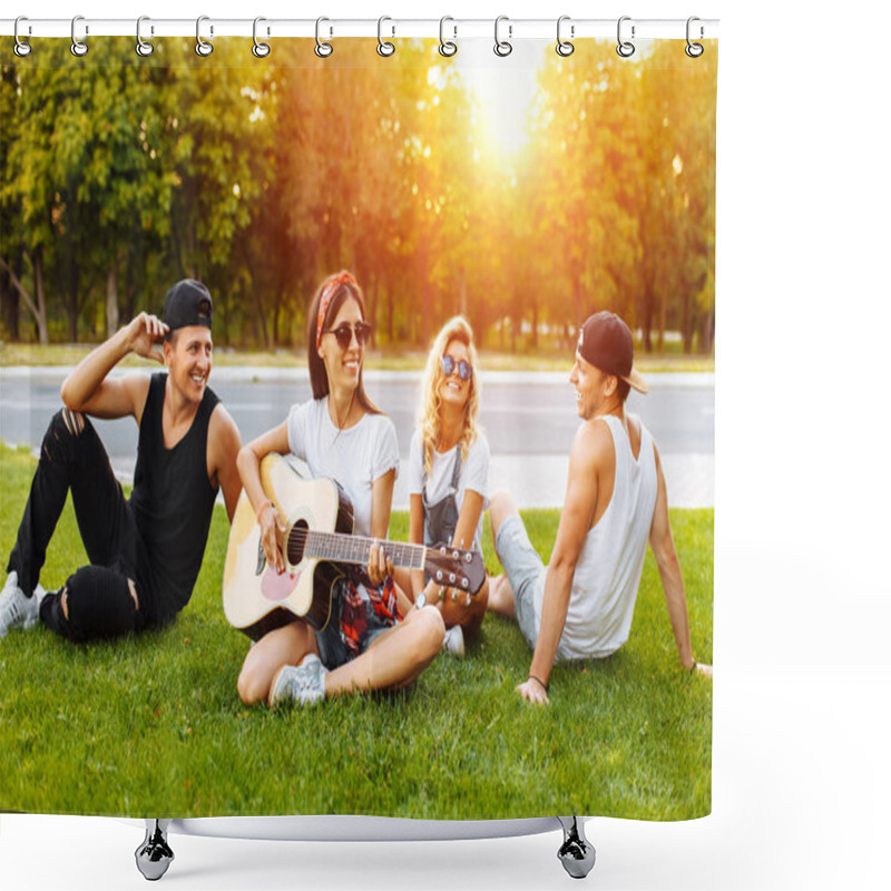 Personality  Company Of Friends Having Fun At Sunset Sitting On The Grass, Playing Guitar, Good Summer Mood Shower Curtains