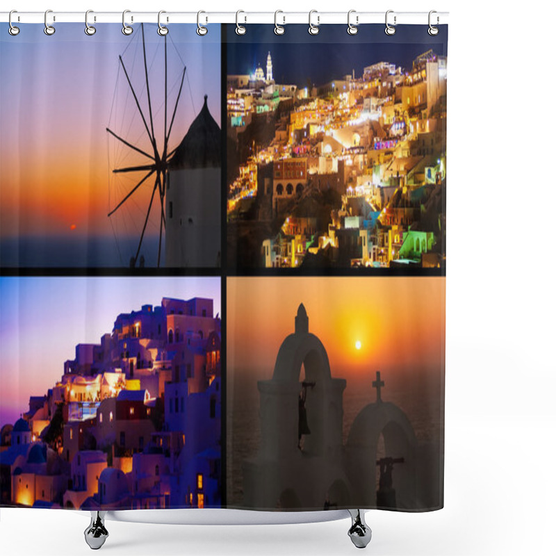 Personality  Night Lights And Magic Sunset In Greece, Oia. Collage. Shower Curtains