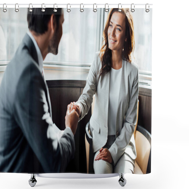 Personality  Selective Focus Of Happy Businesswoman Shaking Hands With Businessman  Shower Curtains