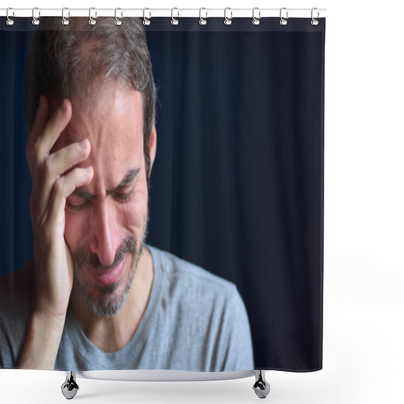 Personality  Close Up Of Young Caucasian 30 Year Old Man With Short Beard And Blue Eyes Crying While Holding His Head. Concept Of Depression, Loss And Grief. Emotional Trauma. Shower Curtains