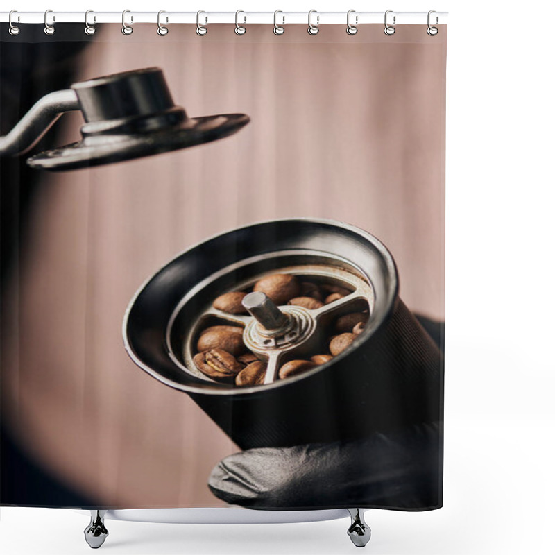 Personality  Cropped View Of Barista Holding Manual Coffee Grinder With Coffee Beans, Arabica, Close Up, Energy  Shower Curtains