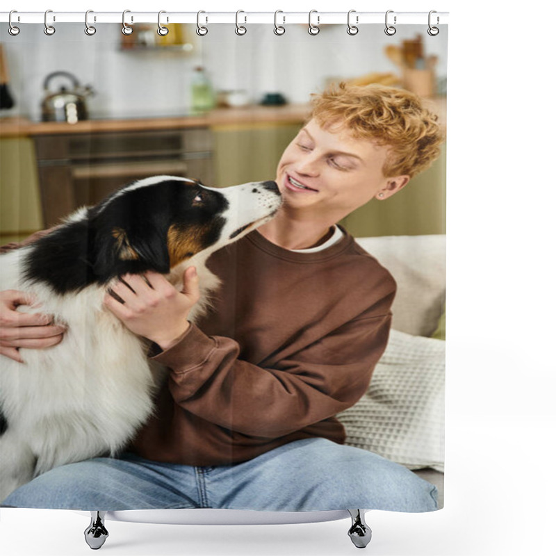 Personality  A Young Redhead Shares Playful Moments With His Adorable Australian Shepherd In A Modern Apartment. Shower Curtains