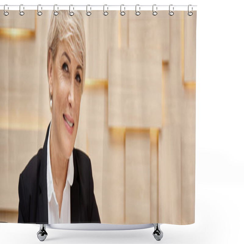 Personality  Happy Middle Aged Realtor With Short Hair Working In Real Estate Office, Busy Working Day Banner Shower Curtains