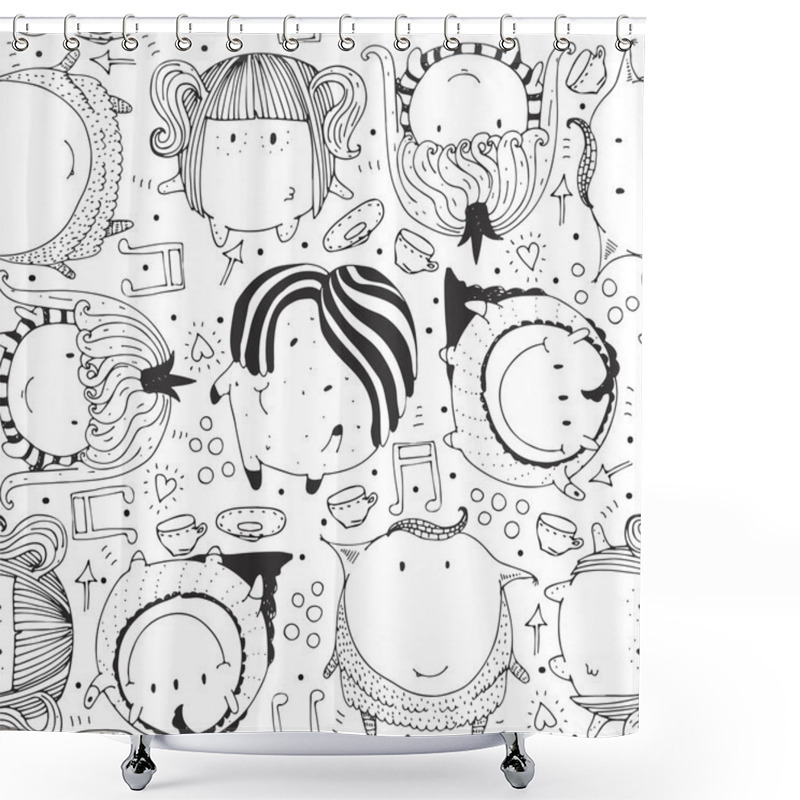 Personality  Seamless Vector Illustration With Cute And Lovely Doodle Monsters, Hearts And Decoration. Black And White Hand Drawn Childish Pattern. Cartoon Alien Characters Based On Sphere Shape. Shower Curtains