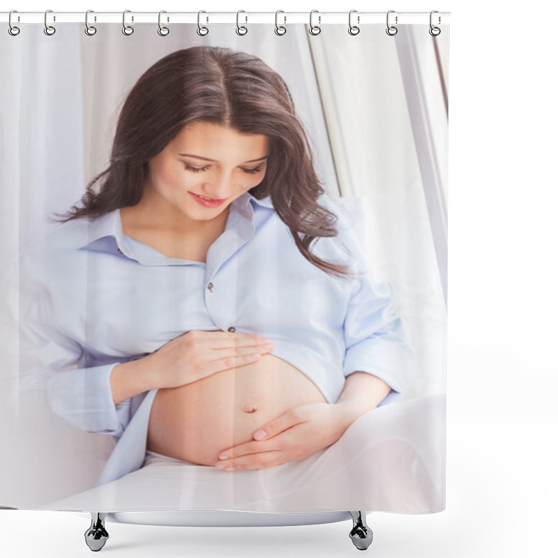 Personality  Pretty Expectant Mother Is Resting On Windowsill Shower Curtains