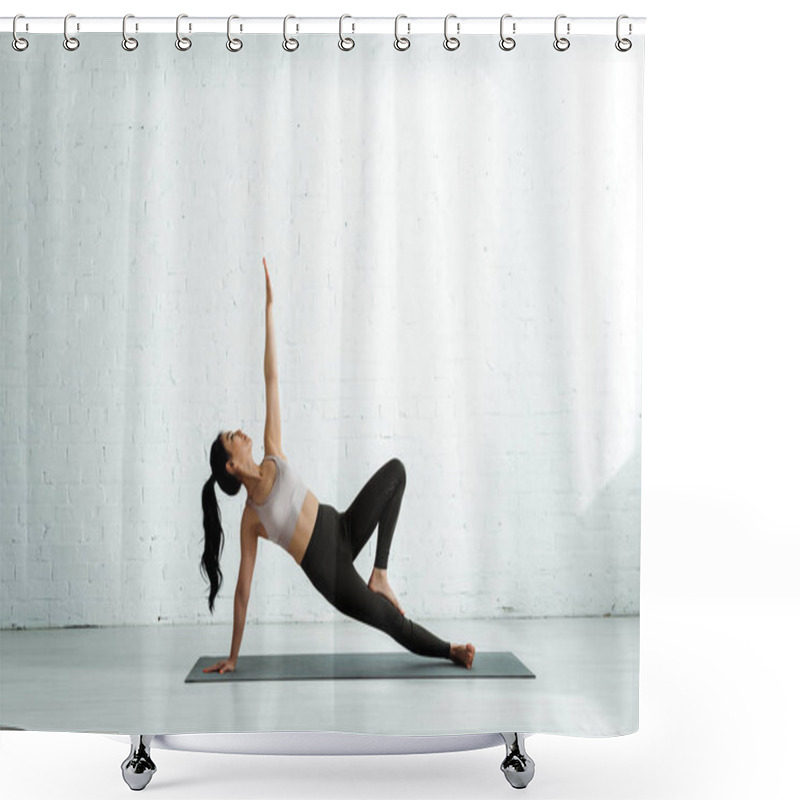 Personality  Peaceful Thai Woman Doing Exercise On Yoga Mat Near Brick Wall  Shower Curtains