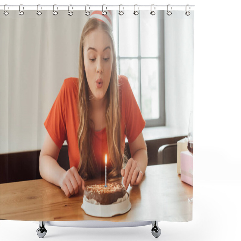 Personality  Young Woman Blowing Out Candle On Delicious Birthday Cake  Shower Curtains