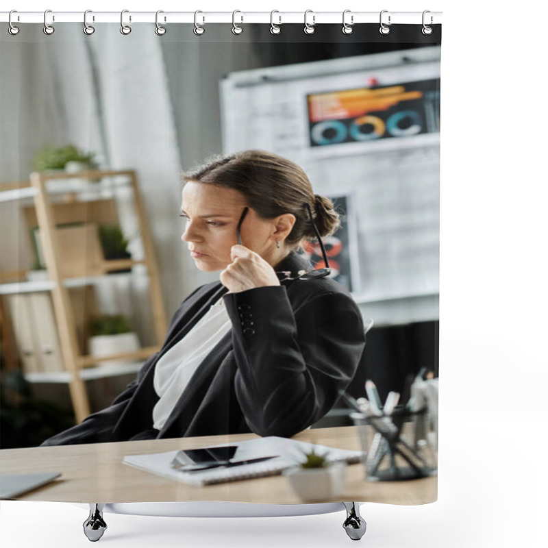 Personality  Middle-aged Woman In Business Suit, Experiencing Stress At Office Desk. Shower Curtains