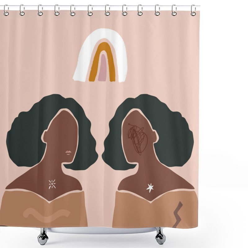 Personality  Modern Boho Pastel Terracotta Collage Line Drawing African Black Women Couple Twin Faces Hairstyle Fashion Beauty Minimalist Vector Illustration Modern Abstract Graphics Print Shower Curtains