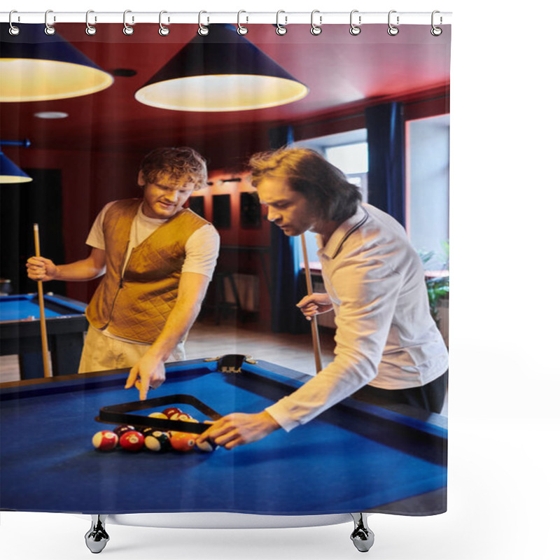 Personality  Friends Engage In A Friendly Game Of Billiards, Their Laughter Echoing Through The Stylish Bar. Shower Curtains