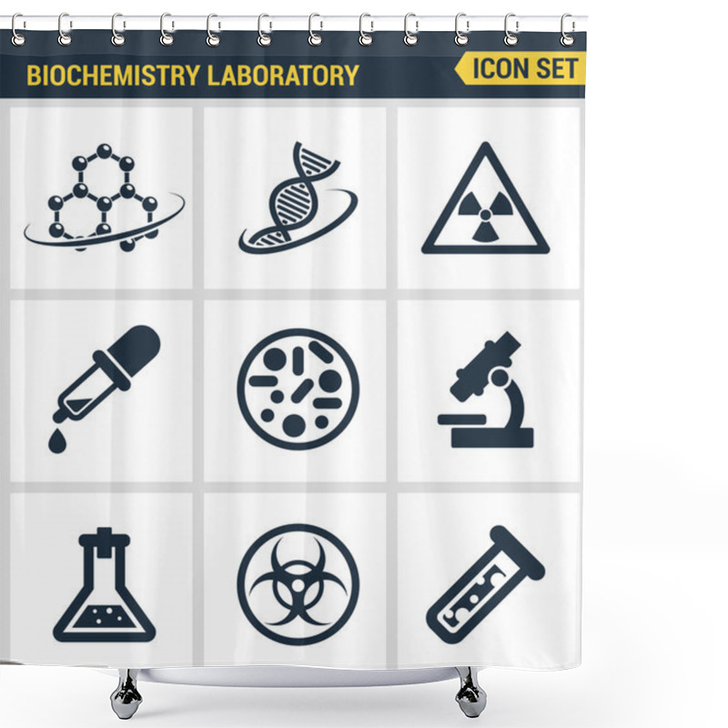 Personality  Icons Set Premium Quality Of Biochemistry Research, Biology Laboratory Experiment. Modern Pictogram Collection Flat Design Style Symbol Collection. Isolated White Background. Shower Curtains