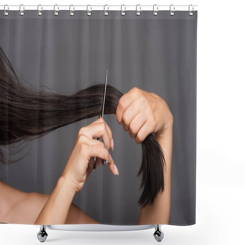 Personality  Cropped View Of Naked Brunette Woman Cutting Hair Isolated On Black Shower Curtains