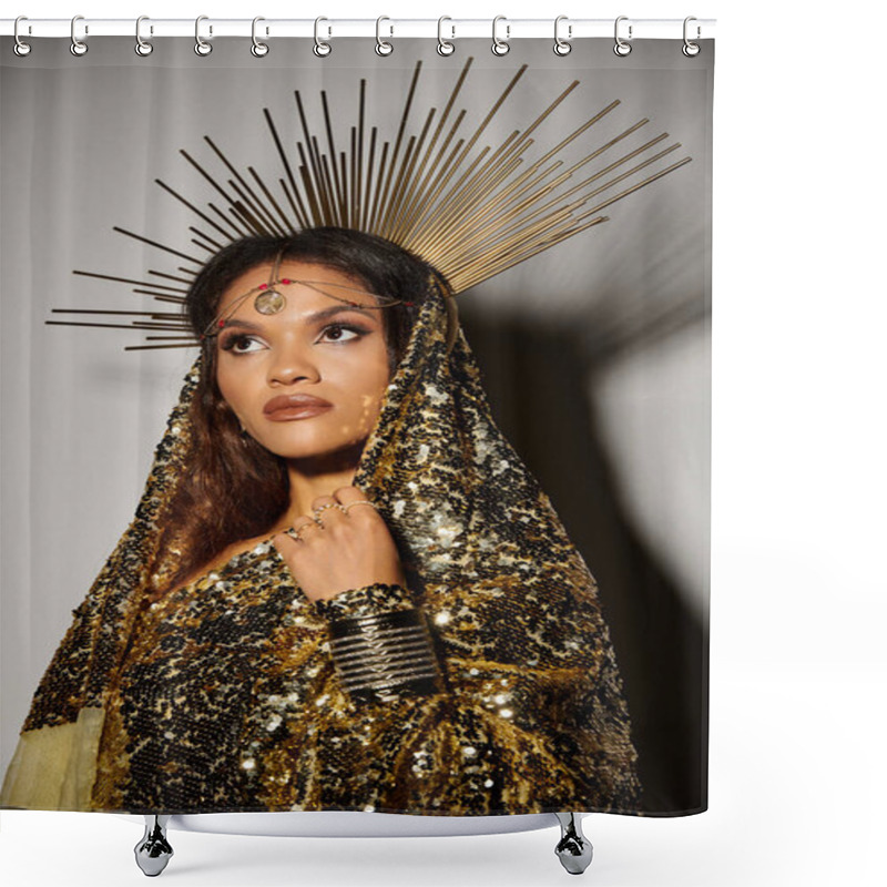 Personality  A Graceful African American Goddess Wearing A Shiny Golden Dress, Radiating Beauty In A Chic Studio Atmosphere. Shower Curtains