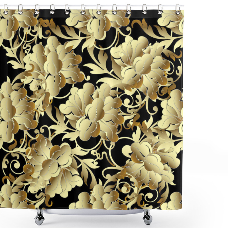 Personality  Baroque Gold 3d Flowers Seamless Pattern. Shower Curtains