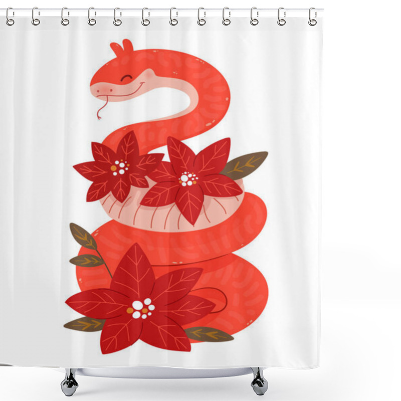 Personality  Chinese Snake With Christmas Star Poinsettia Flowers. Cute Character For Winter Holidays, Chinese New Year 2025 Zodiac Sign Vector Illustration. Shower Curtains