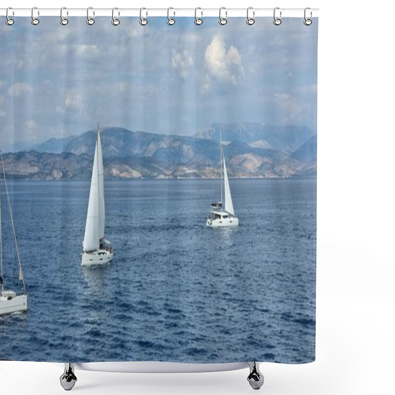 Personality  Sail Sailing Ship On The Blue Sea Summer In Greece Shower Curtains