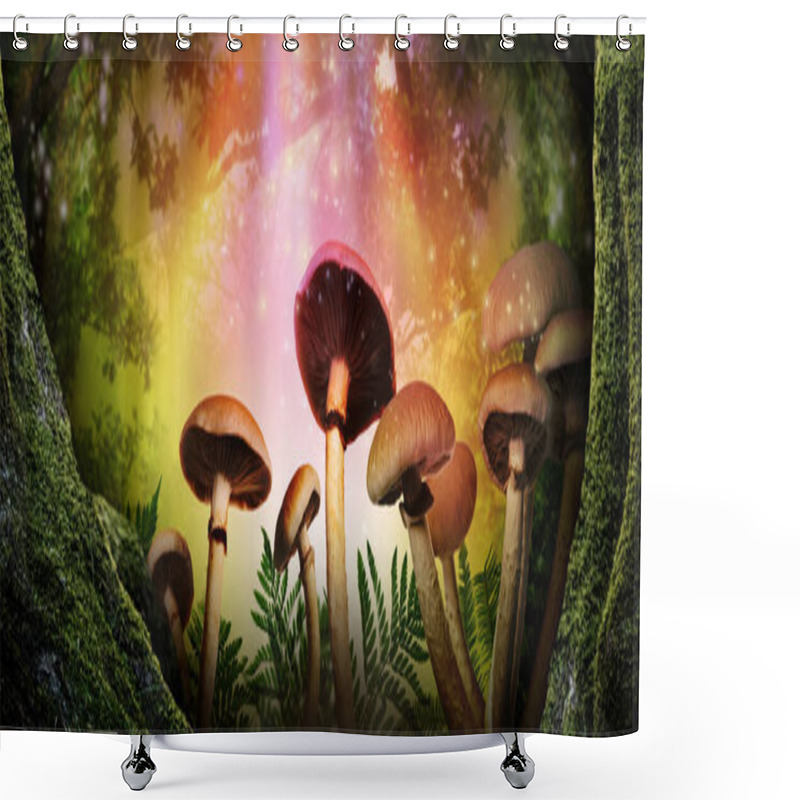 Personality  Fantasy World. Mushrooms Lit By Magic Light In Enchanted Forest, Banner Design Shower Curtains