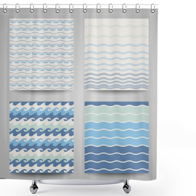 Personality  Set Of Sea Wave. Seamless Patterns In White, Turquoise And Dark Blue Colors. Vector Illustration. Shower Curtains