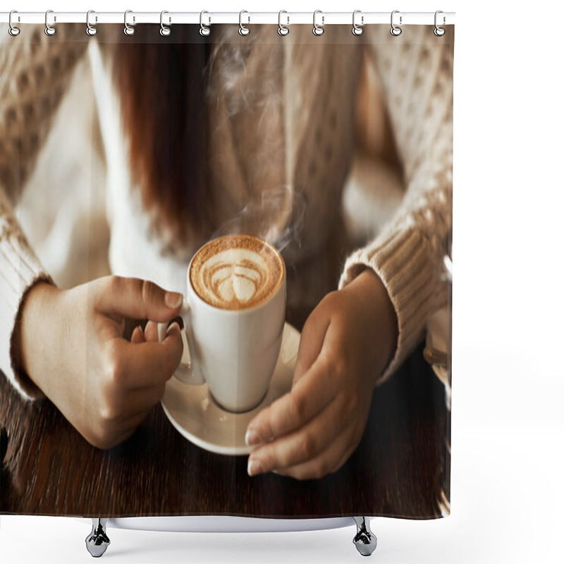 Personality  Woman Hands With Latte On A Wood Table Shower Curtains