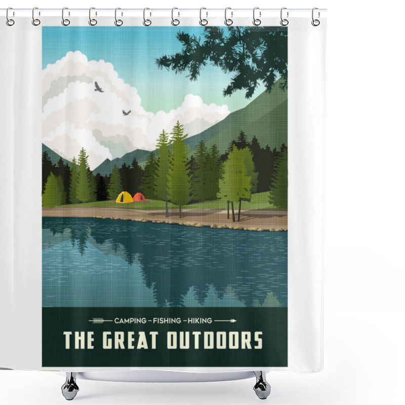 Personality  Scenic Landscape With Mountains, Forest And Lake With Camping Tents. Summer Travel Poster Or Sticker Design. Shower Curtains