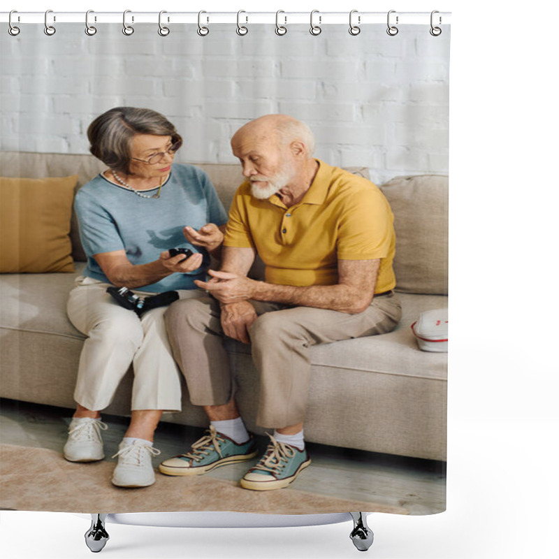 Personality  A Devoted Wife Helps Her Husband Manage His Diabetes At Home, Showing Love And Care. Shower Curtains