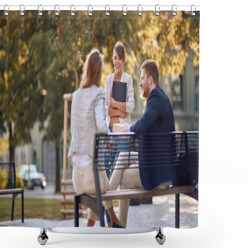 Personality  Young  Businesswoman Holding Folder With Armes Crossed,  Laughing With Colleagues On Break In Park Shower Curtains