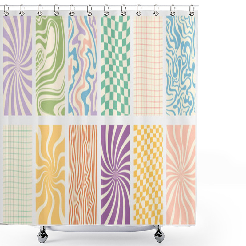 Personality  Groovy Hippie 70s Vector Backgrounds Set. Chessboard And Twisted Patterns. Shower Curtains