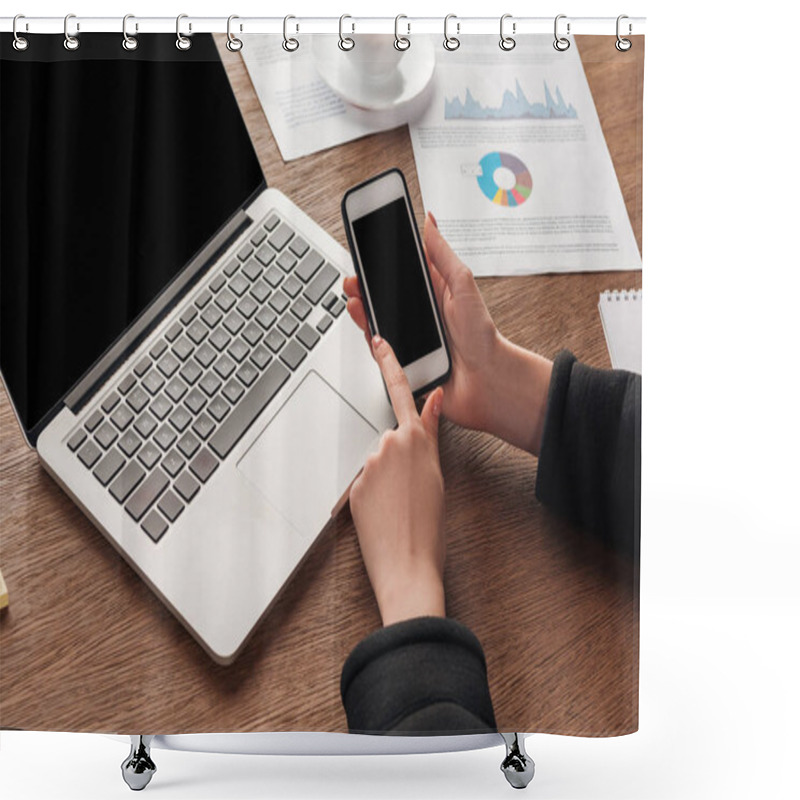 Personality  Cropped View Of Girl Holding Smartphone With Blank Screen At Workplace Shower Curtains