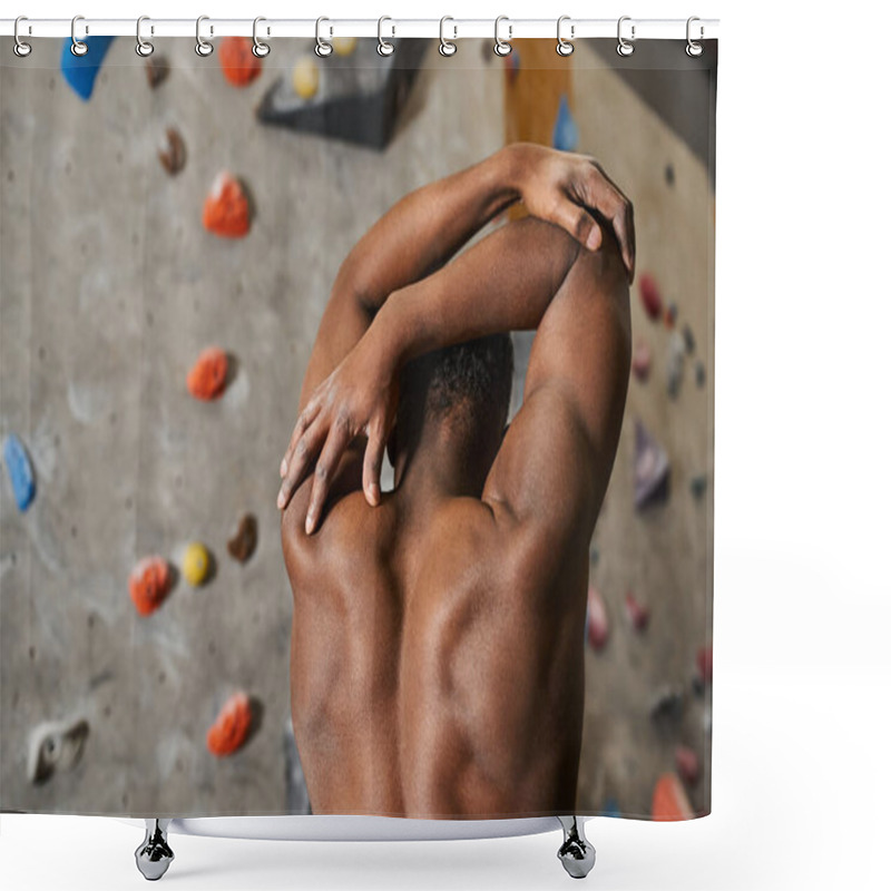 Personality  Back View Of Athletic Fit African American Man Posing Topless With His Hands Behind His Head Shower Curtains