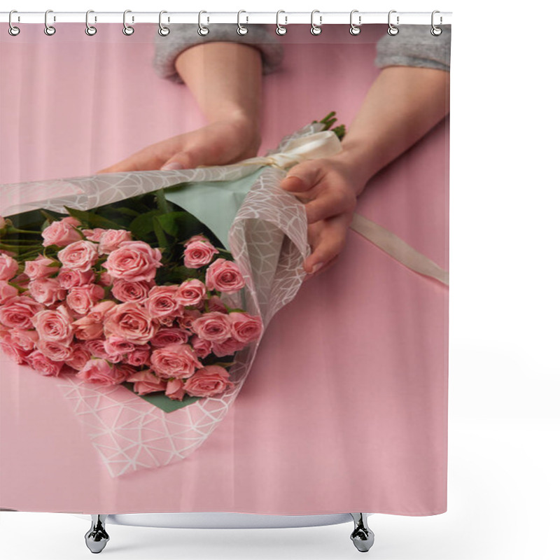 Personality  Partial View Of Woman Holding Bouquet Of Beautiful Roses On Pink Shower Curtains