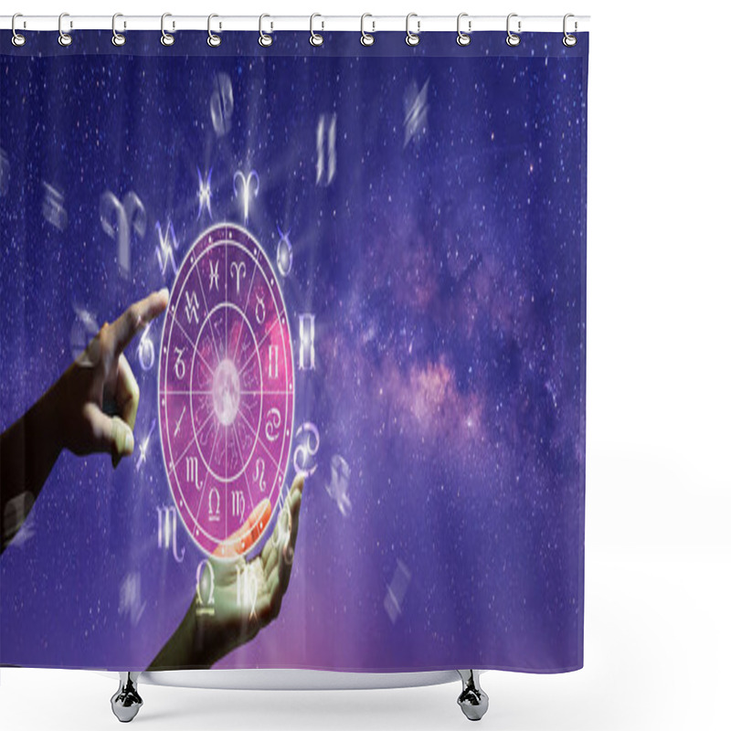 Personality  Astrological Zodiac Signs Inside Of Horoscope Circle. Astrology, Knowledge Of Stars In The Sky Over The Milky Way And Moon. The Power Of The Universe Concept. Shower Curtains