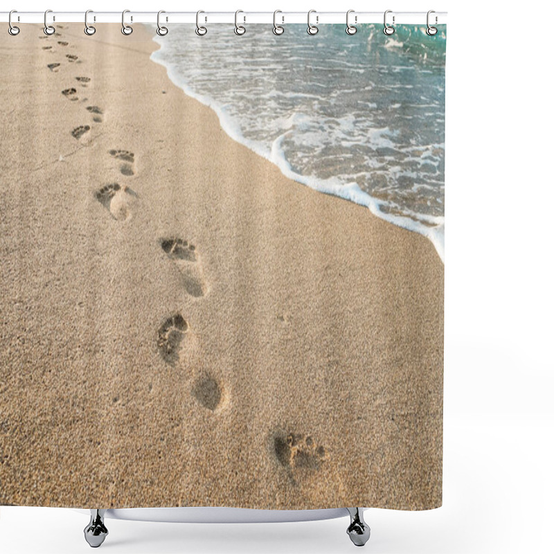 Personality  Beach, Wave And Footprints During The Day. Texture Background Footprints Of Human Feet On The Sand Near The Water On The Beach. Shower Curtains