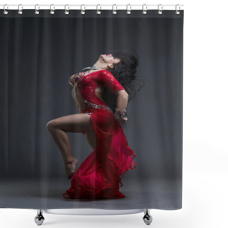 Personality  Young Beautiful Exotic Eastern Women Performs Belly Dance In Ethnic Red Dress On Gray Background Shower Curtains