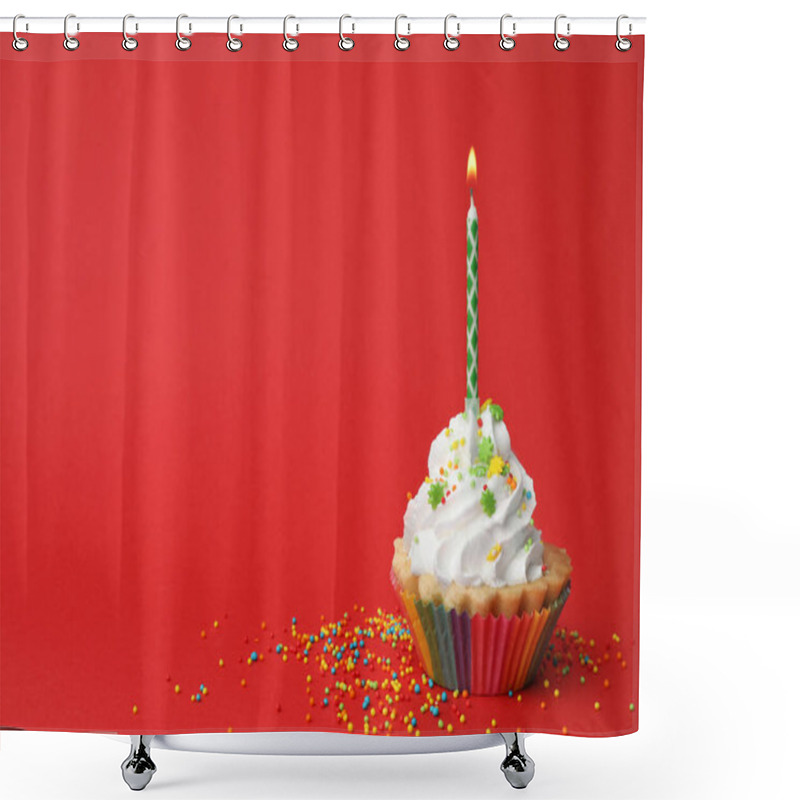 Personality  Birthday Cupcake With Candle On Red Background, Space For Text. Greeting Card Shower Curtains