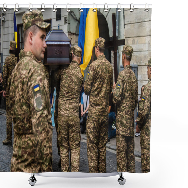 Personality  Lviv, Ukraine, August 27, 2024 Military Funeral Ceremony At The Church Of The Most Holy Apostles Peter And Paul In Lviv For Three Ukrainian Soldiers Who Died In A Battle Against The Russian Army. Shower Curtains