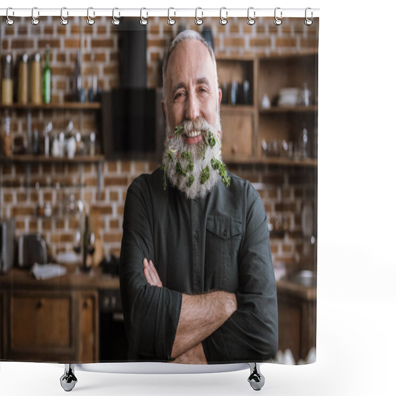 Personality  Senior Man With Greens In Beard Shower Curtains